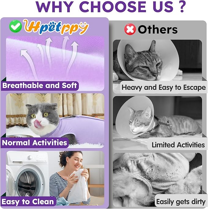 Hpetppy Cat Recovery Suit for Spay Abdominal Wound, Breathable Kitten Onesie for Cats After Surgery, Anti Licking Cat Cone Alternative, Pet Surgery Recovery Shirt-Purple(L)