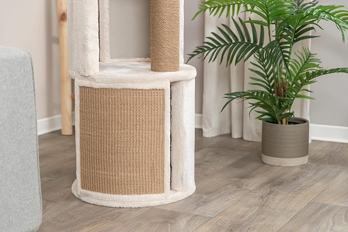Trixie Giorgia Cat Tower, Combo Plush & Jute Covered Surfaces, Scratching Posts, Indoor Cat Condo with Padded Bed, Beige, 15.7" x 15.7" x 32.3"