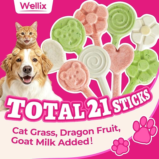 Wellix Freeze-Dried Treats for Dogs and Cats - Cat Grass, Dragon Fruit, Goat Milk Flavor 21pcs, Lollipop Healthy Cat Treats, Chicken Recipe Cat Treats, Low Calorie Training Treats