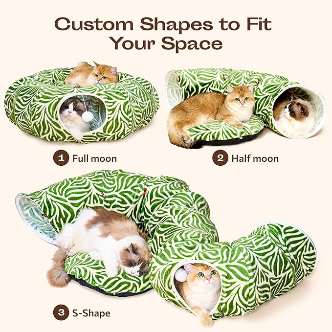 Meowfia Indoor Cat Tunnel with Donut Bed - Large Flexible Play Space for Multiple Pets - Circle or Snake Shape, Cozy Lounge (Jungle Nest)