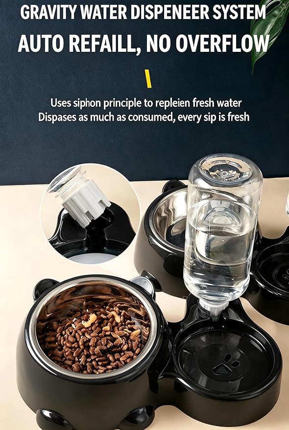 Generic Tilted Stainless Steel Dog Bowls, 2 in 1 Cat Water and Food Bowl, Automatic Refill Feeding Waterer Cat Bowls for Indoor Cats (Black)