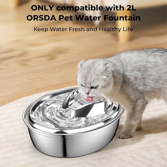 12PCS Cat Water Fountain Filters Replacement for ORSDA D30 67oz/2L Stainless Steel Pet Fountain, Carbon Filters with Triple Filtration System, 6PCS Pump Sponges
