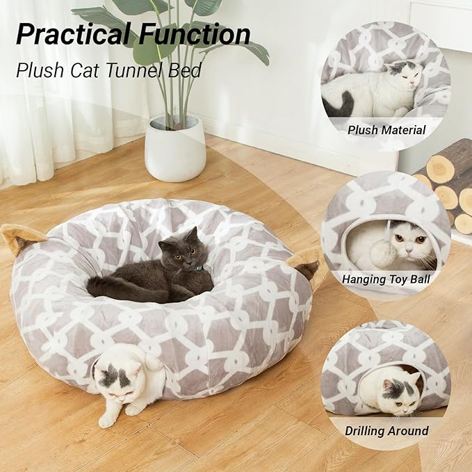 Large Cat Tunnel Bed Under Christmas Tree with Fluffy Toy Balls, Small Cushion and Flexible Design- 10 inch Diameter, 3 ft Length- Great for Cats, and Small Dogs, Gray Geometric Figure