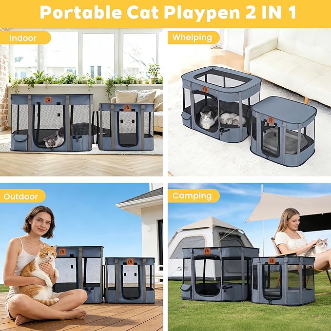 Portable Cat Playpen 2-in-1, Enclosed Kitten Playpen with Litter Box Cage Area, Pet Playpen with Collapsible Tent Rod Reinforced for Cats Puppy Rabbit Hamster Indoor Outdoor Use (Grey)