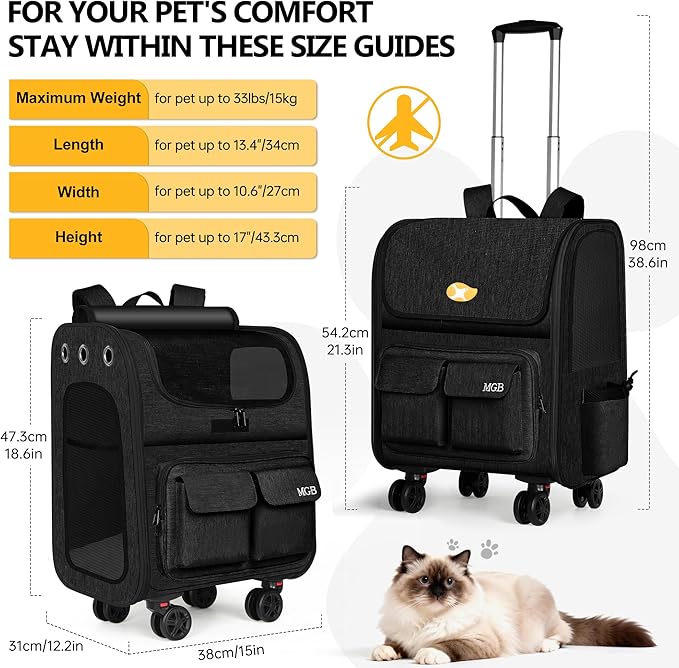 MGB Rolling Cat Carrier with Wheels: Dog Carrier for Small Dogs & Large Cats, Large Cat Carrier with YKK Zipper, Large Capacity, Breathable Mesh, Side Pocket, Black (Not for Airline)