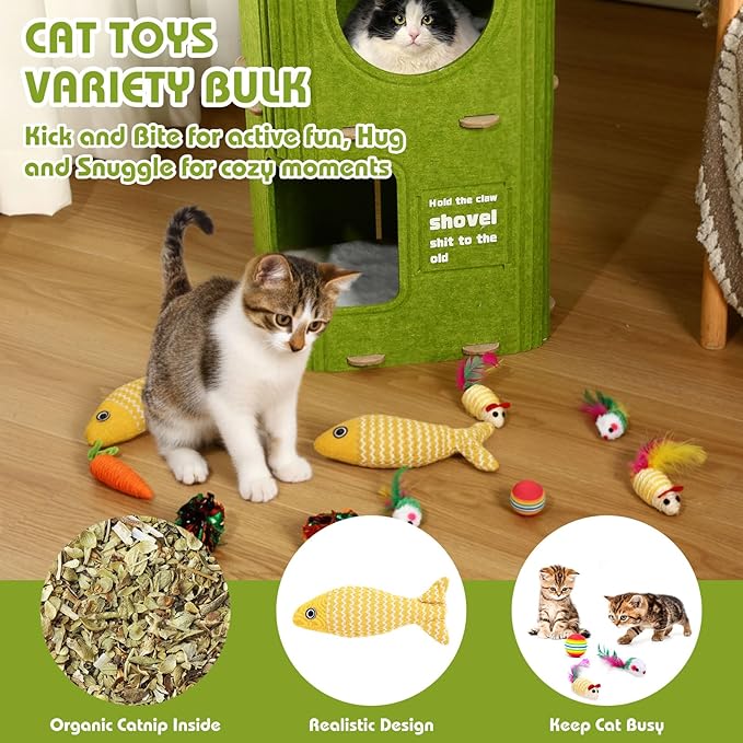 3-Storey Cat House for Indoor Use with 10 Pcs Sisal Toys Cube Cats Bed Cave Cat Houses 35.5 x 14.6 Inch Felt Scratch Resistant Cats Condos with Hideaway and Sisal Stuff for Indoor Multi-Cats Home