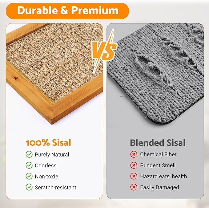 Cat Scratching Post, Natural Wooden Sisal Cat Scratch Pad, Floor or Wall Mounted Vertical Cat Scratcher Mat for Indoor Cats Adults or Kittens, Scratching Board Cat Wall Furniture Protector