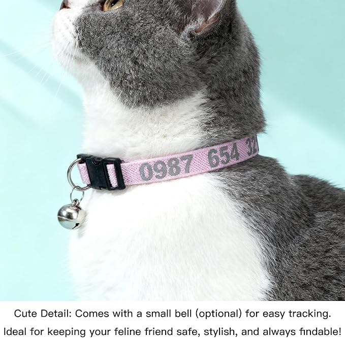 Personalized Cat Collar with Reflective Text for Night Visibility, Elastic Quick-Release Non-Breakaway Design, Fits Kittens, Small & Large Cats, Safe for Daily Wear