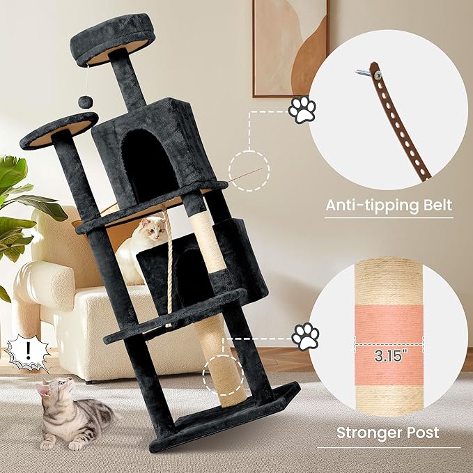 57inch Large Cat Tree Tower Condo for Indoor Cats, Soft Plush Multi-Level Climbing Tree Cat House with Cat Cave, Scratching Post, More Entrance/Exit, Sisal Rope, Grey Black