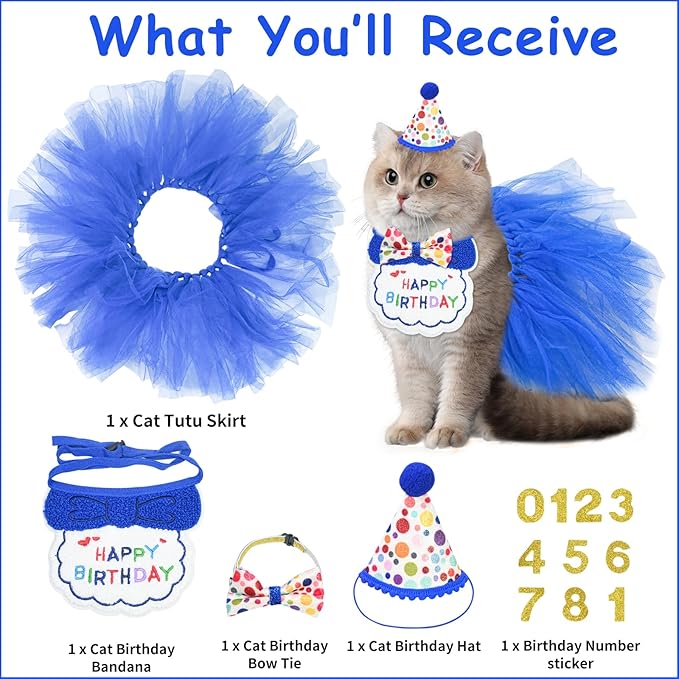5Pcs Cat Birthday Decorations, Adjustable Cat Birthday Hat Bandana Tutu Skirt Collar Bow & 9 Number Stickers 0-8, Kitten Costume Outfit Decorations for Anniversary of Birth, Small Dog Friendly (Blue)