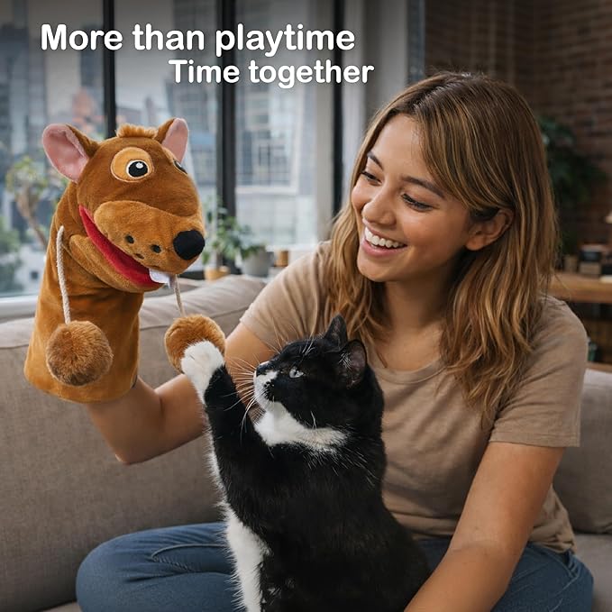 Pounce & Purr® Meow Mitt Wearable Cat Toy – Cat Wrestling Glove, “Chippy McGee” Plush Mitten with Catnip & Silvervine, Crinkle Sounds & Dangling Arms for Bonding Play with Cats & Kittens (Squirrel)