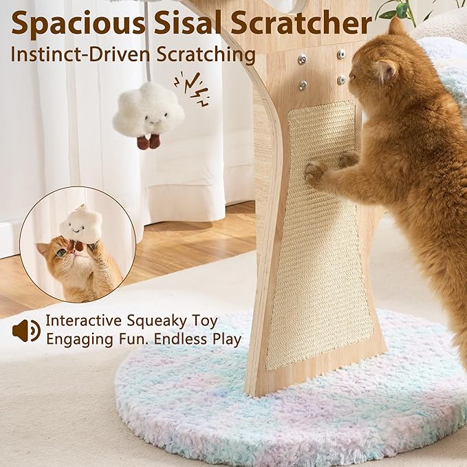 Aesthetic Flower Cat Tree Tower with Scratching Post for Indoor Cats, 48" Modern Cat Tree with Wood Sculpted Branch, Flower Cat Beds, Scratching Board & Interactive Squeaky Toy, Dreamy Blue
