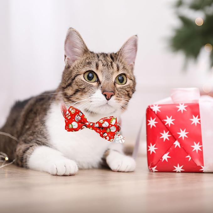 Mieemiu 2 Pack Christmas Cat Collar with Bow Tie, Adjustable Breakaway Collar with Bell for Cats and Kittens, Santa Claus and Red Snowman Holiday Design