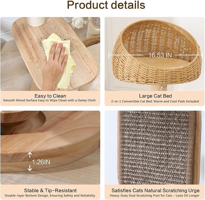 Solid Wood Cat Tree for Large Cat, 50-Inch Tall Cat Tower for Indoor Cats with Scratching Post, Multi-Level Cat Condo with Handwoven Basket, Sturdy Cat Houses Easy to Clean