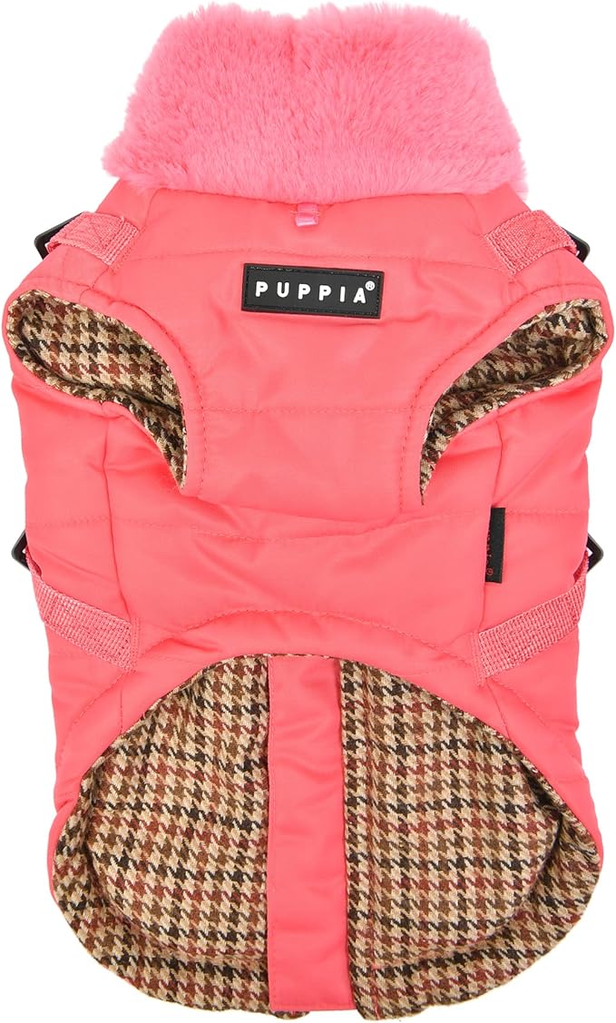 Puppia Donavan Winter Dog Coat with Integrated Harness No Pull Cold Weather Waterproof Warm Fleece Back Zipper for Small & Medium Dog, Pink, Small