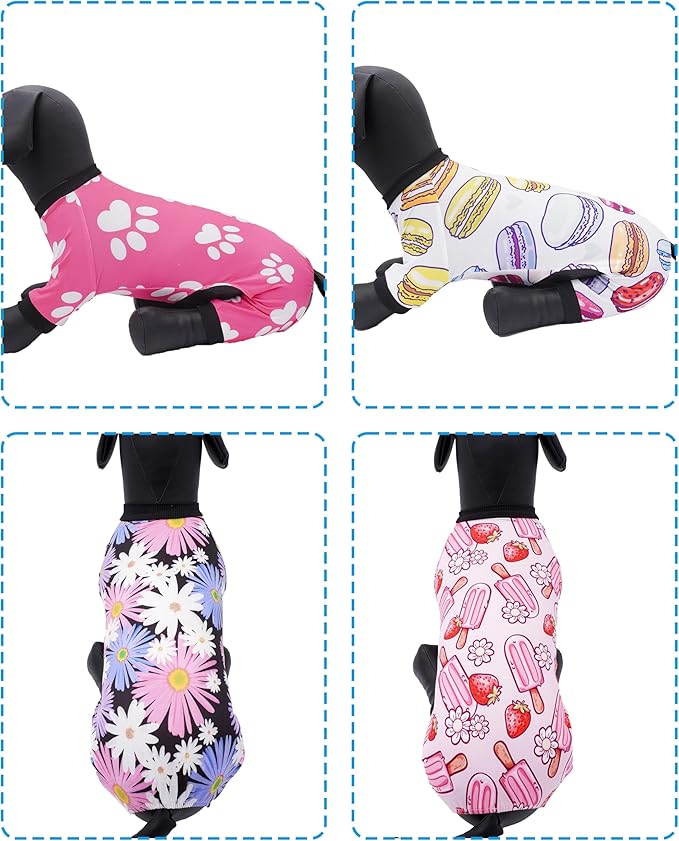 PET SHOW 4 Pack Small Dog Pajamas Girl Doggies Soft Stretchy PJs Paw Floral Jumpsuit Puppy Cats Doughnut Ice Cream Onesies Outfits with Sleeve Pets Breathable Summer Clothes Costume M