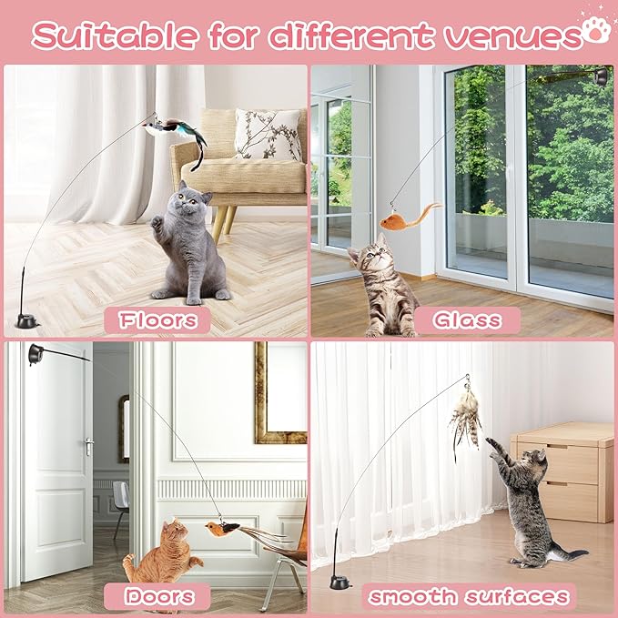 Assortment of Cat Feather Toy,Cat Wand Toy Pack,Interactive Bird Simulation Cat Toy Set with Sticky Super Suction Cup,Include Detachable Replacements Feathers Toys (Small, 6PC Set)