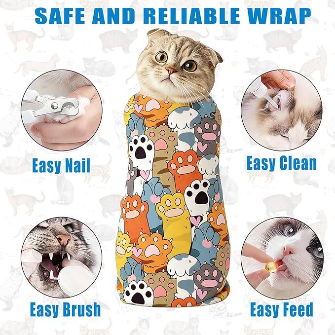 Paw Print Cat Grooming Wrap for Cutting Nails, 27.6" Cat Swaddle for Medicine, Nail Clipping, Teeth Brushing, Ear Cleaning
