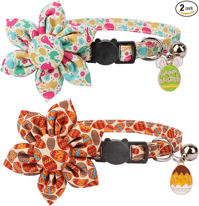 ADOGGYGO Easter Cat Collars with Removable Flower Bell, Adjustable Rabbit Easter Eggs Pattern Cat Floral Collars for Cats Kittens