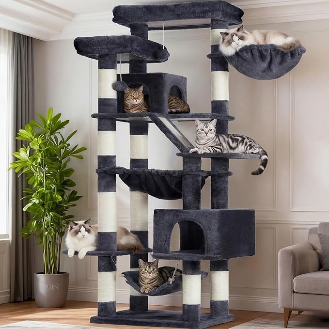 Heybly Cat Tree, 71-Inch-Tall Tower for Indoor Cats with 2 Perches, 2 Big Condos, 2 Hammocks, Basket, Scratching Pad, Large Cat Furniture and Condo, Smoky Gray HCT034G
