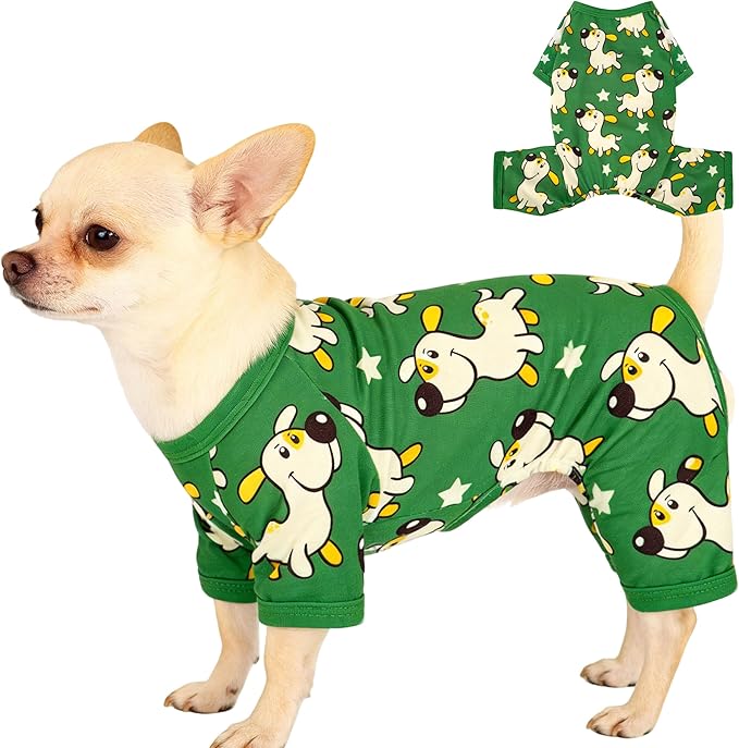 Dog Pajamas Summer Cute Print Puppy Jumpsuit Thin Dog Onesie Small Dog Clothes with Comfy & Elastic Frbic Puppy Pjs(Green Puppy, Small)