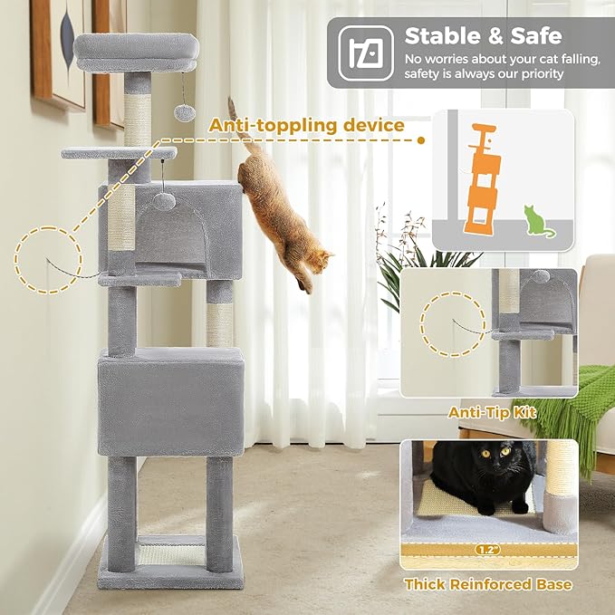 MUTTROS 62" Cat Tree for Indoor Cats, Multi-Level Cat Tower for Large Cats with Scratching Posts, 2 Spacious Plush Condos, Padded Perch, Soft Cat Bed, Scratching Pad & 2 Pompoms, Gray