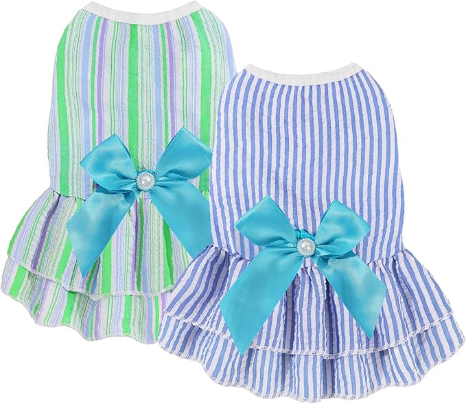 XXS Dog Clothes Girl, 2 Pack Dog Birthday Dresses for Small Dogs Girl, Extra Small Dog Clothes Designed for Tiny Puppy, Chihuahua Yorkie, Lightweight Seersucker Princess Dress Summer Blue
