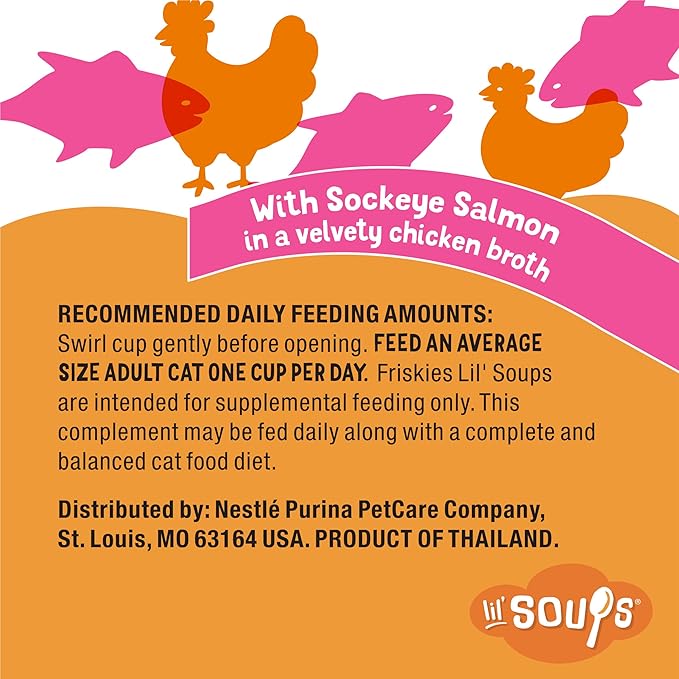Purina Friskies Grain Free Lickable Cat Food Toppers Lil’ Soups With Sockeye Salmon in Chicken Broth - (Pack of 8) 1.2 oz. Cups