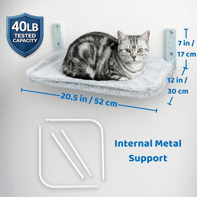 OtterPets Cat Wall Bed with Ultra-Soft Plush Cover, Foldable Cat Wall Hammock, Shelf Bed with 40 lb Metal Support, Removable Washable Hammock, Hardware for Drywall, Stud & Concrete