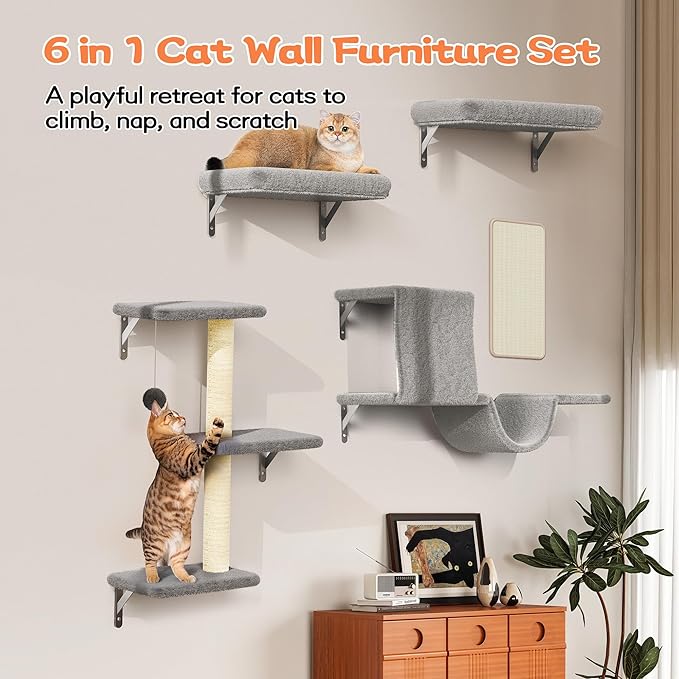 6-in-1 Wall Mounted Cat Climber Set for Heavy Cats，Wall Shelves,Stable & Safe Cat Furniture Set for Large Cats, Wooden Climbing Wall with Scratching Post (Gray)