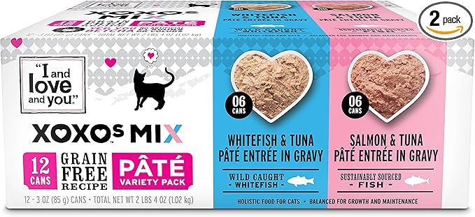 I&Love&You XOXOs Mix Pate Wet Cat Food, Variety Pack, Grain Free, Artificial Preservatives Free, 36 Ounces,(12 x 3 Ounce)