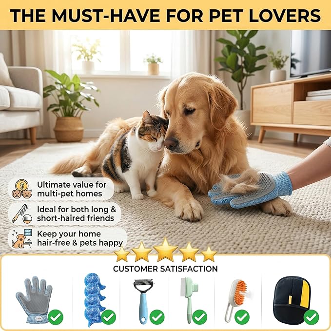 10-Piece Pet Grooming Kit-Dematting Comb,Spray Massage Brush,Pin Brush,Double-Sided Massage Glove,Static Hair Removal Gloves &Washing Machine Pet Hair Remover-Dog & Cat Grooming for Long & Short Hair