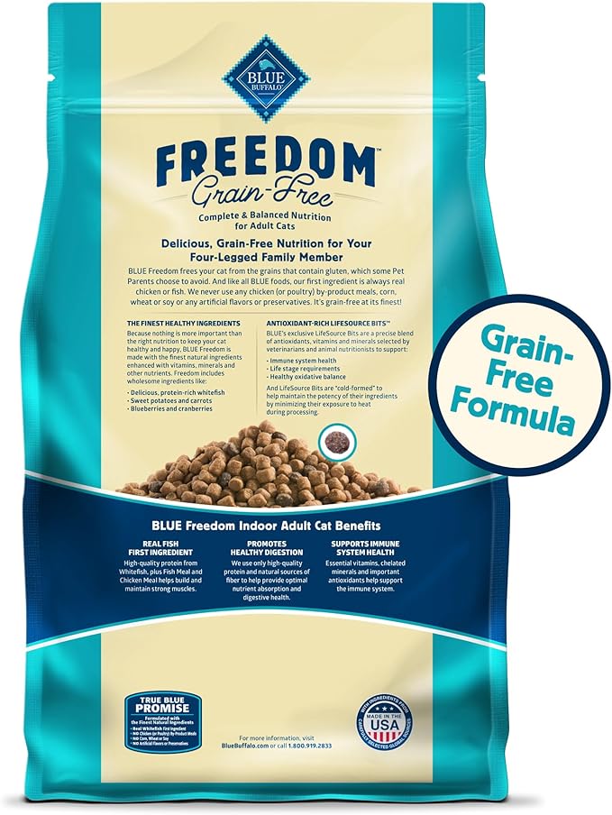 Blue Buffalo Freedom Grain-Free Adult Dry Cat Food, Complete & Balanced Nutrition for Indoor Cats, Made with Natural Ingredients, Whitefish Recipe, 11-lb. Bag
