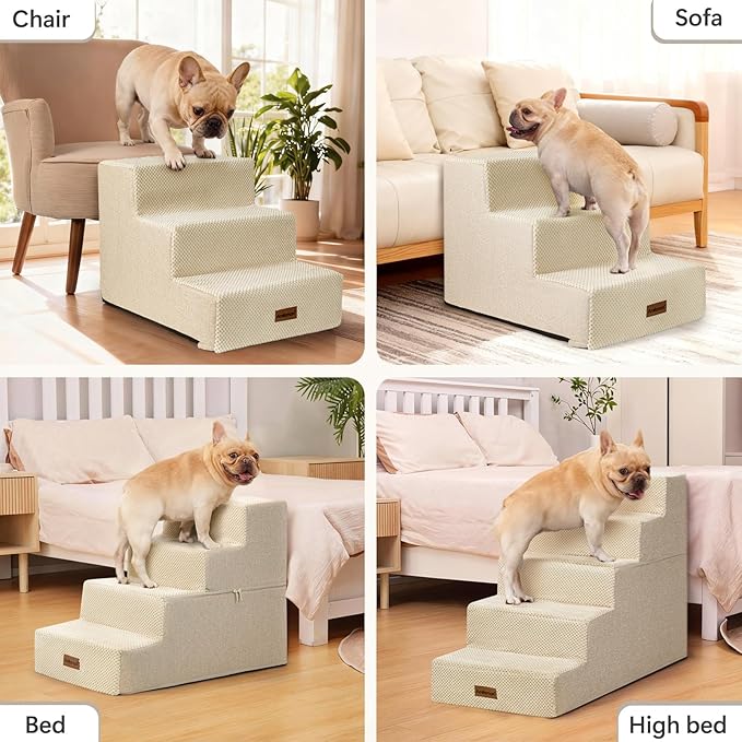 Aodisman Dog Stairs for Small Dogs, 3-Step Wider Pet Stairs for Couch and Beds, Non-Slip Dog Steps for Old Cats, Puppy, Small Medium Dogs,15.7" H,Beige