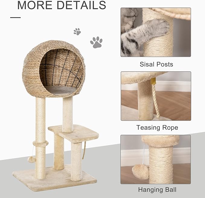 PawHut Cat Tree with Sisal Scratching Post Condo and Hanging Rope 39" H, Beige