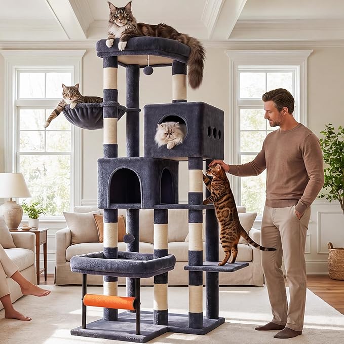 Hey-brother Cat Tree, 68.5 inch Cat Tower with L-Shaped Extended Base, Multi-Level Plush Furniture with 2 Spacious Candos, 2 Platforms, 11 Scratching Posts, Hammock and Toy Ball, Smoky Gray MPJ086G