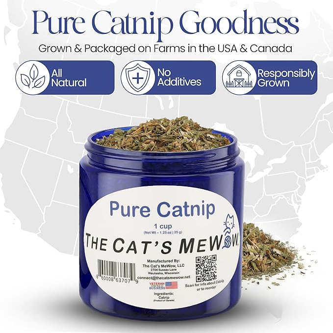 The Cat's MeWow 100% Pure Catnip – North American Grown – Strong Aroma for Play & Enrichment – Resealable Freshness Jar – Veteran-Owned Brand