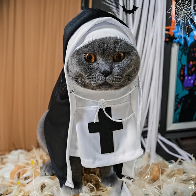 PET SHOW Nun Dog Costume for Small Dogs Puppy Halloween Cosplay Outfit Black White Cats Cloak Dress Up Adjustable Pets Apparel Holiday Party Clothes Boys Girls(S/M)