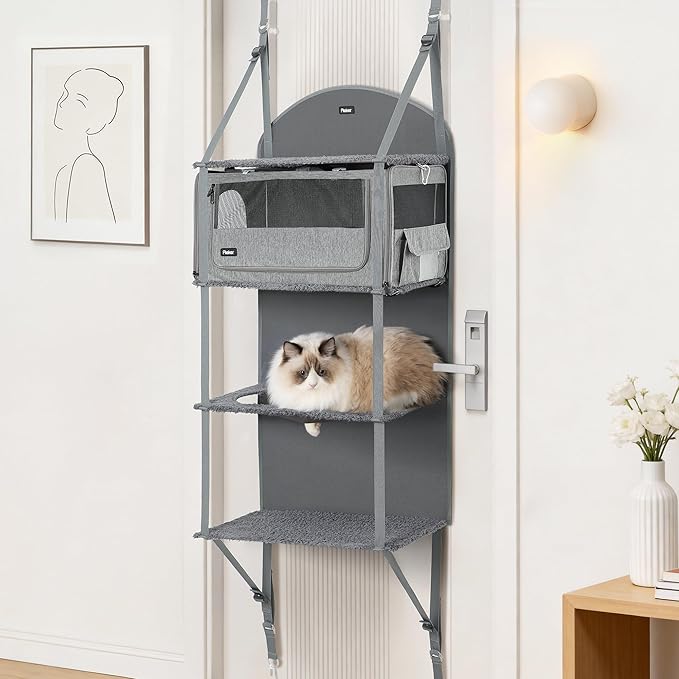 Pet Carrier for Small/Medium Cats Up to 22lbs, 4 in 1 Multi-Level Door Hanging Cat Tree Tower Condo for Indoor Cats, Collapsible and Tool-Free Assembly, Fits Doors <86in H
