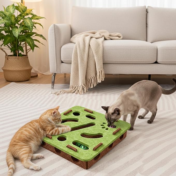 Interactive Cat Puzzle Feeder Toy - Felt Maze Box with 3 Jingle Balls for Indoor Cats Kittens | Mental Stimulation, Slow Feeding, Fun Exercise & Natural Hunting Instincts