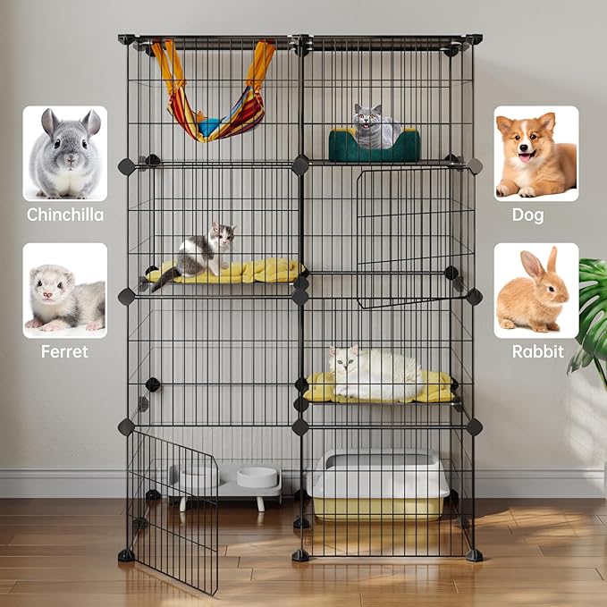 Oneluck 4-Tier Cat Cage for Indoor Cats 47.2-Inch Large Detachable Metal Wire Catio Enclosure Modular DIY Pet Playpen with 3 Platforms and 4 Doors for 1-2 Kittens 31.5 x 23.6 x 47.2 Inches Black