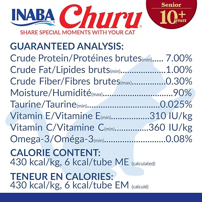 INABA Churu for Senior 10+,Creamy Lickable Cat Treats with Taurine,Vitamin E & C,0.5 Ounces Each,Tubes,Tuna & Chicken Variety,(Pack of 120)