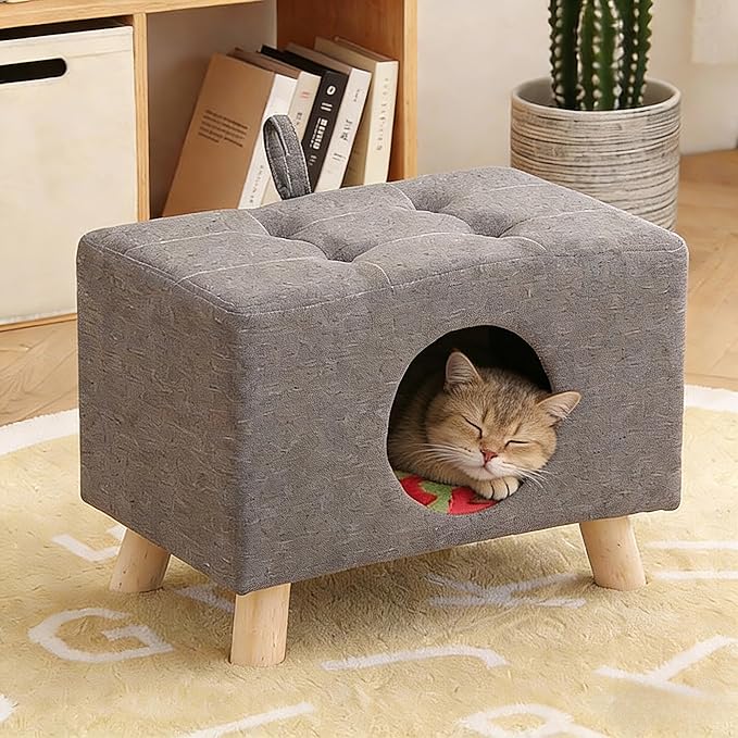 2-in-1 Cat Bed Stool, Semi-Enclosed Cat Cave Pet Bed for Indoor Cats & Small Dogs, Sturdy Wooden Legs, All-Season Cat House with 7.1” Entrance, Warm Winter Cat Furniture (Grey)