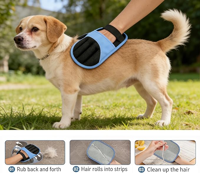 2 Pack Pet Hair Remover Glove, Electrostatic Remover Gloves for Dogs and Cats, Reusable Wash Mitt for Furniture, Car Seats, Clothes, and Laundry, Blue