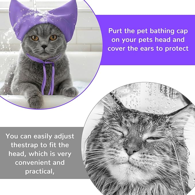 2Pcs Cat Shower Caps, Waterproof Cat Bath Hat, Bath Cap for Cats, Adjustable Strap and Cute Ears for Cats and Dogs (Purple,Yellow)