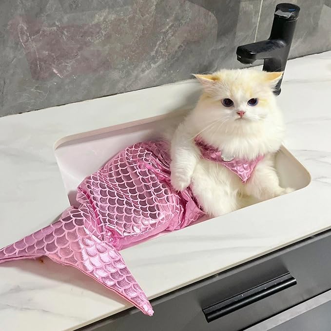 Cat Mermaid Costume Creative Cat and Dog Costumes Funny Fishtail Dress Puppy Mermaid Fishtail Dress Pet Mermaid Costume Humor Funny Photo Props (Pink)