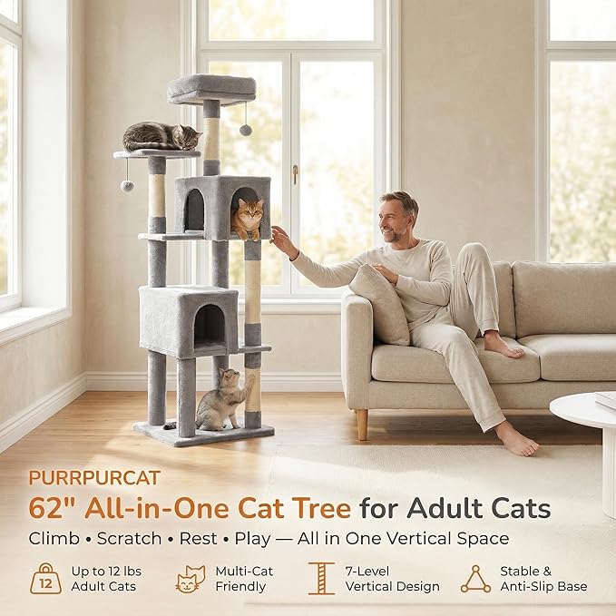 62" Cat Tree for Adult Cats - Multi-Level Tower with 2 Condos, Scratching Posts, Plush Bed & Pompoms, Gray