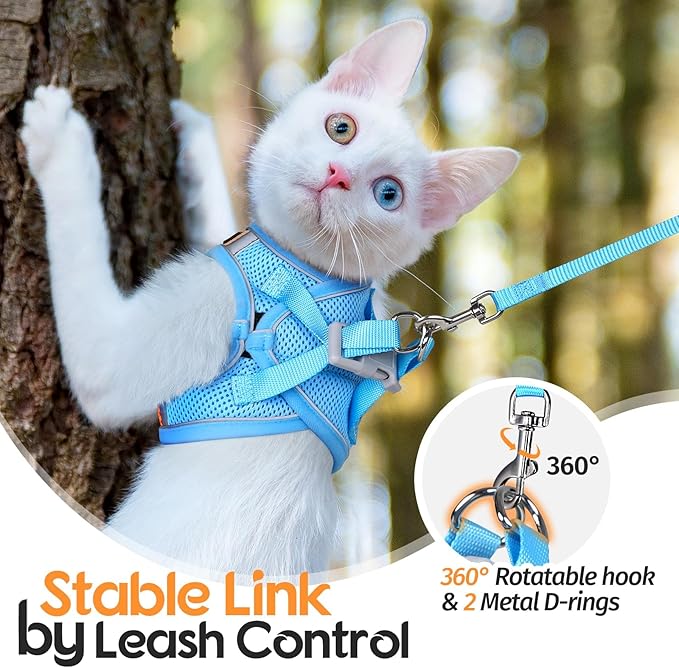 Dooradar Cat Harness and Leash Set, Escape Proof Lightweight Kitten Harness, Soft Breathable Reflective Vest for Outdoor Walking Traveling, Adjustable for Small Cats, Orange & Blue, S