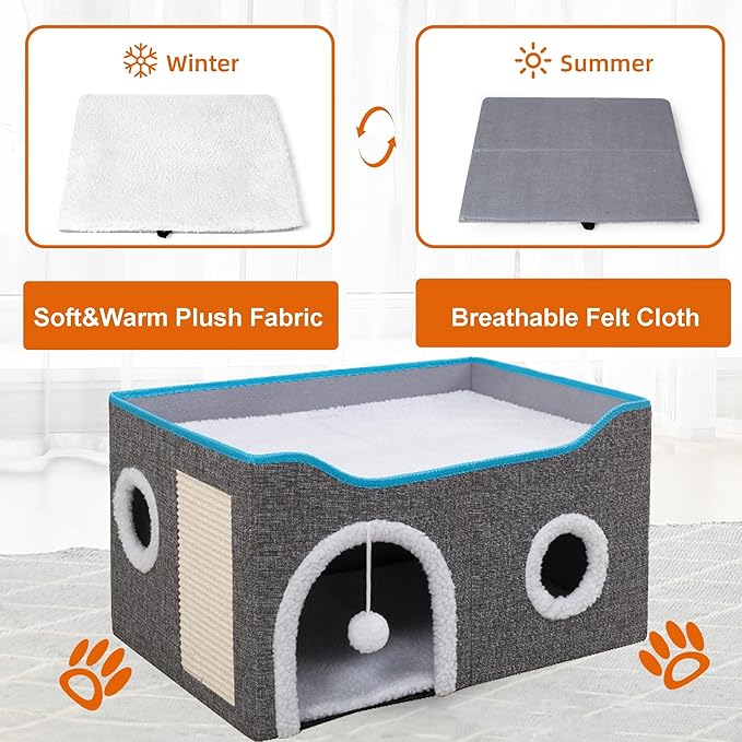 Foldable cat Bed, Cat Beds for Indoor Cats, Large Cat Cave for Pet Cat House with Fluffy Ball Hanging and Scratch Pad, Providing Entertainment for Cats (Grey, Double)