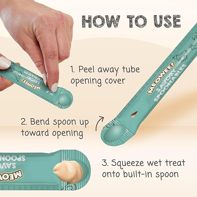 MEOWEE! Savory Spoonables with Real Duck, Beef & Rabbit, 8 Count Tube, Triple Flavor Squeezable Lickable Wet Treats for Cats with Built-in Spoon for Less Mess